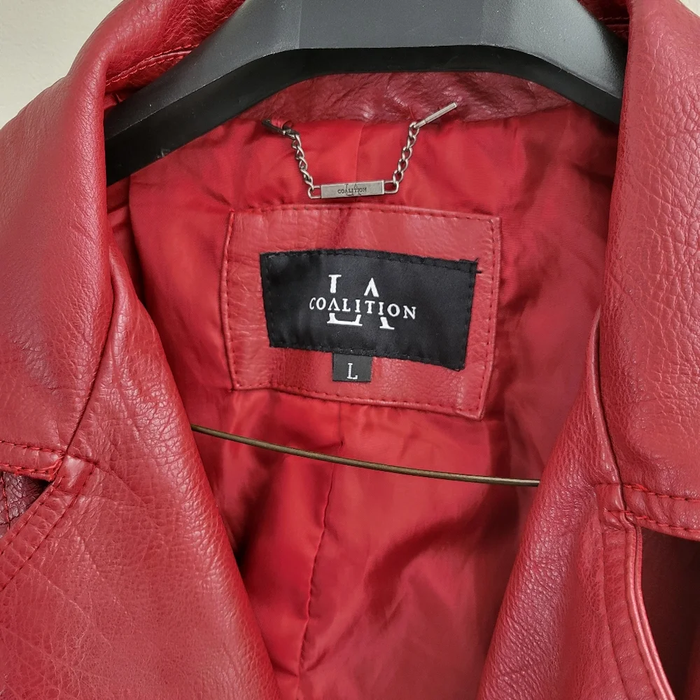 Vegan leather red moto jacket LA Coalition size L - Picture 2 of 5